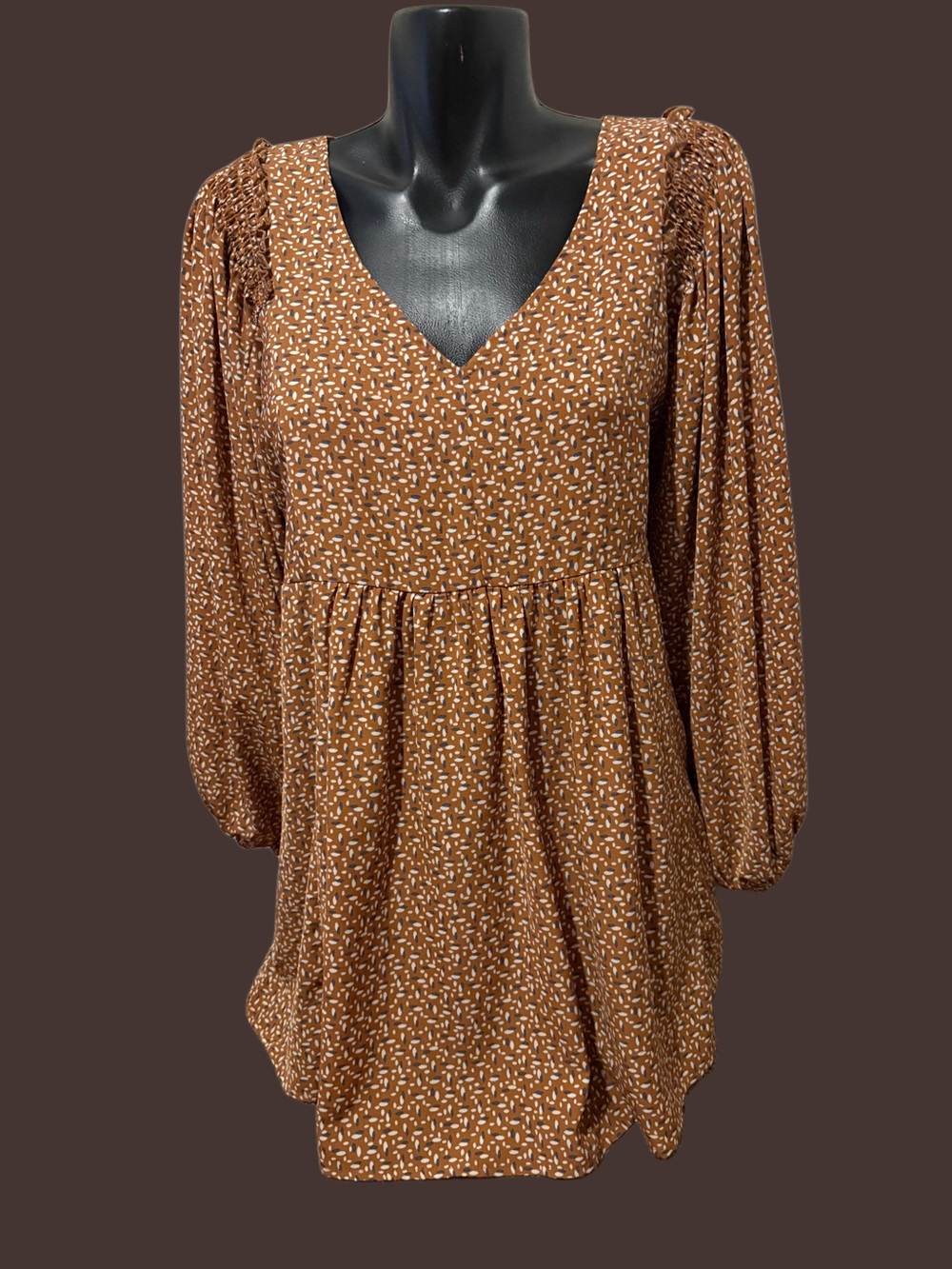 Brown Long Sleeve Patterned Blouse